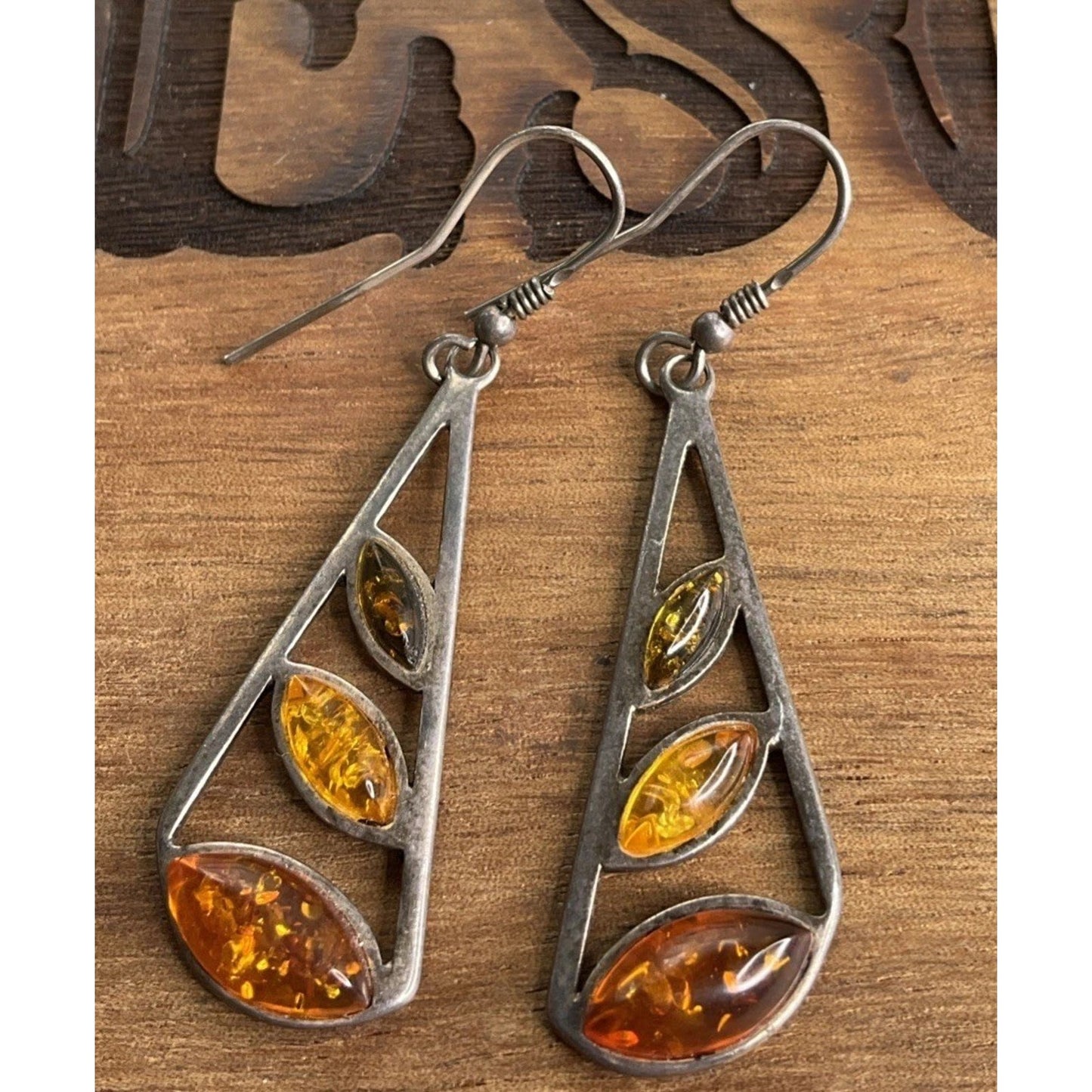 Sterling Silver Baltic Amber Dangle Drop Earrings Modern 1.5”