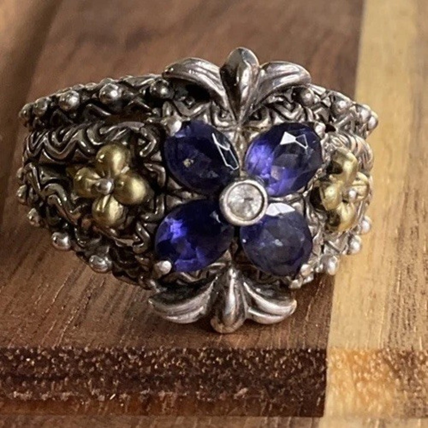 Barbara Bixby 925 18K Gold Multi Gemstone Flower Ring Size 8