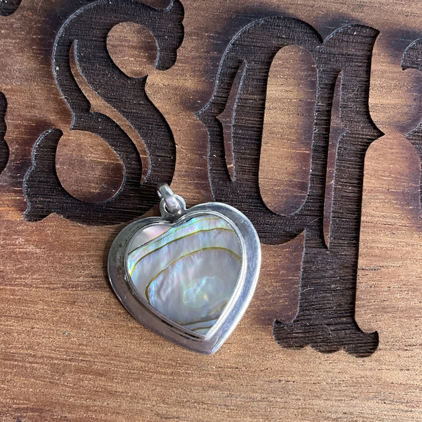 Sterling Silver Mother of Pearl Heart Pendant 925 Iridescent Shell Vintage Style