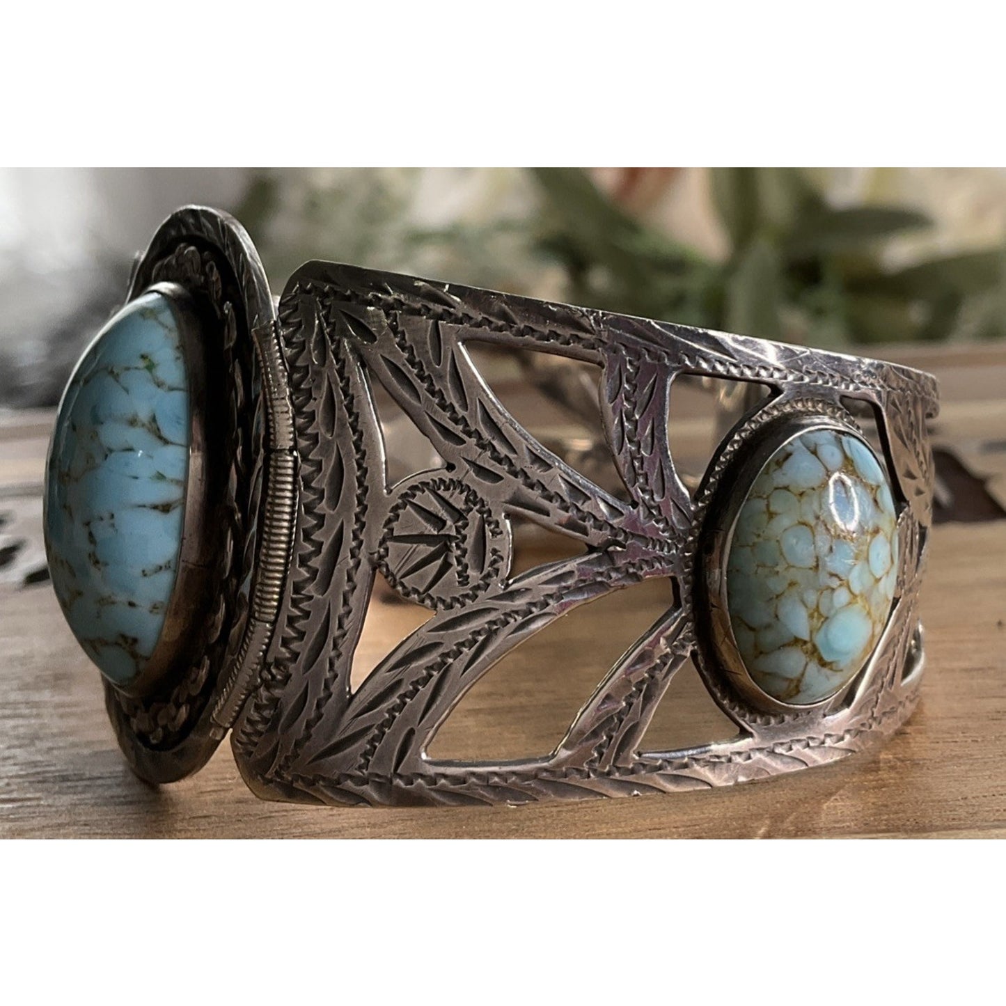 Vintage Taxco Mexico 925 Sterling Silver Turquoise Cuff Bracelet 38g