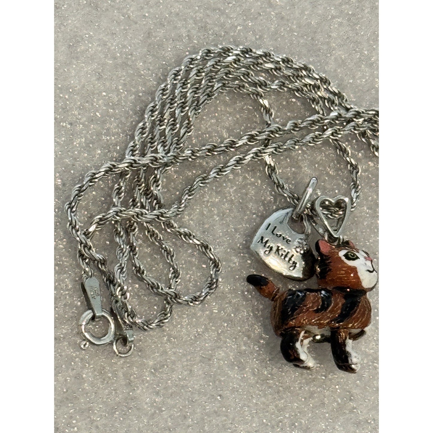Vintage Calico Cat Enameled Moving Tail And Legs 925 Necklace 21”