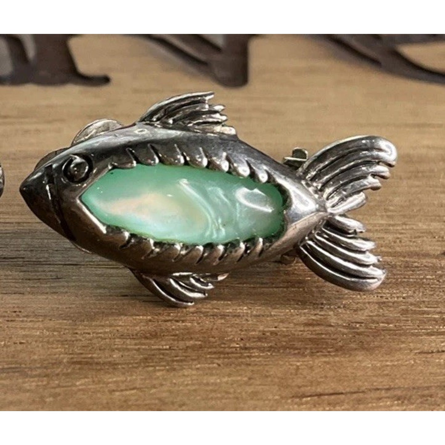 Vintage Sterling Silver Fish Coastal Clip On Earrings Aqua Green Gemstones 10g