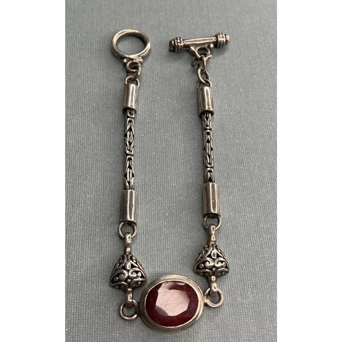 Vintage Sterling Silver Red Gemstone Bracelet Bali Style Toggle 19g
