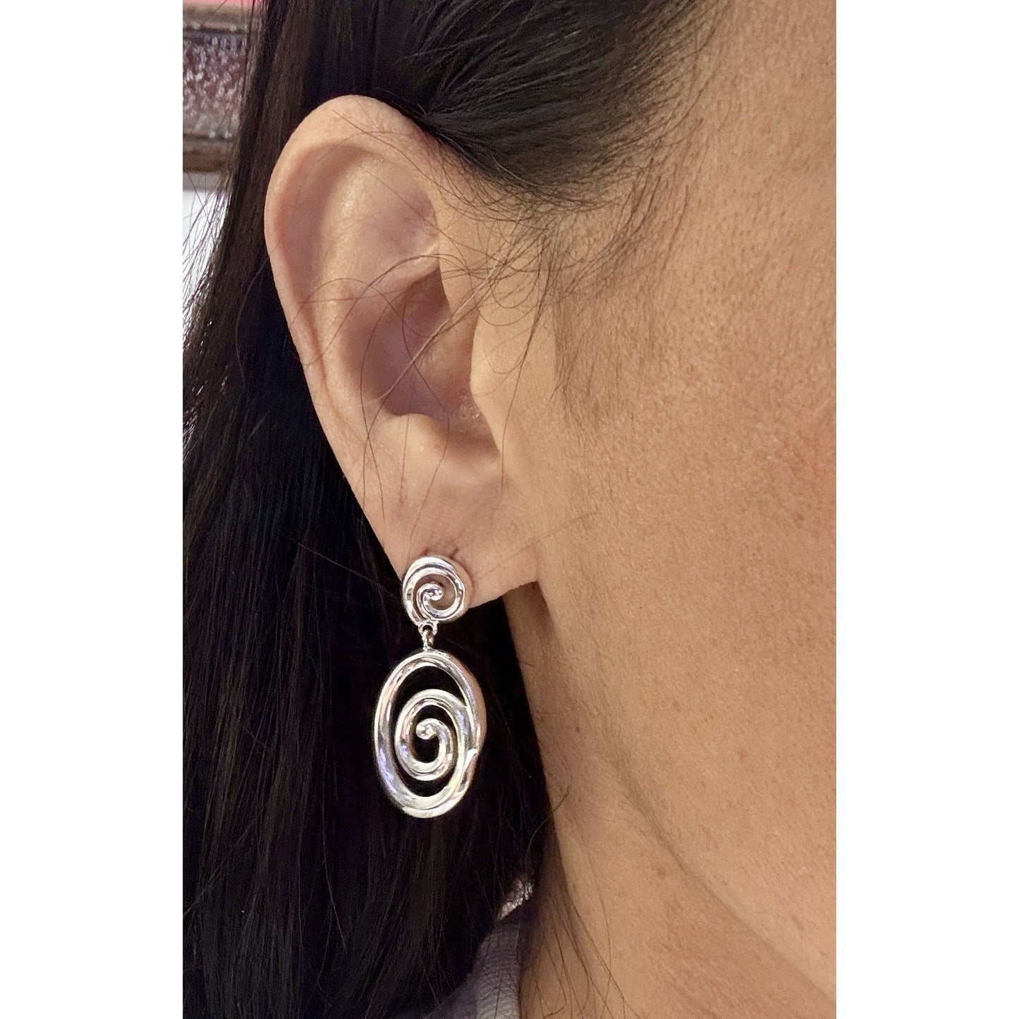 Sterling Silver Spiral Swirl Dangle Post Earrings 925 Modern Abstract 1.5” 9.9gr