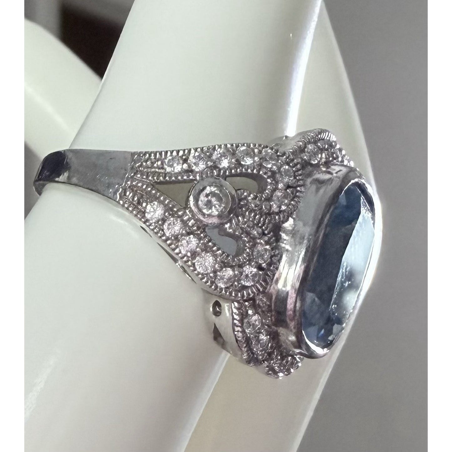 Vintage ESPO 925 Sterling Silver Blue Cushion Gemstone CZ Cocktail Ring Size 7.5
