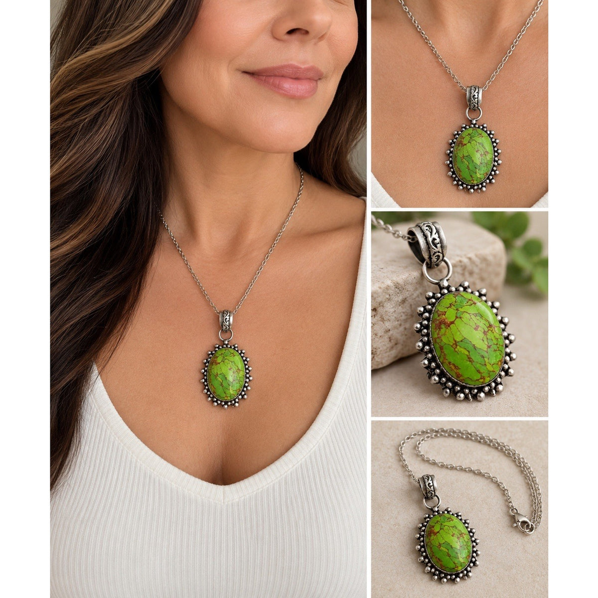 Vintage Sterling Silver Green Turquoise Style Stone Pendant Southwestern Boho