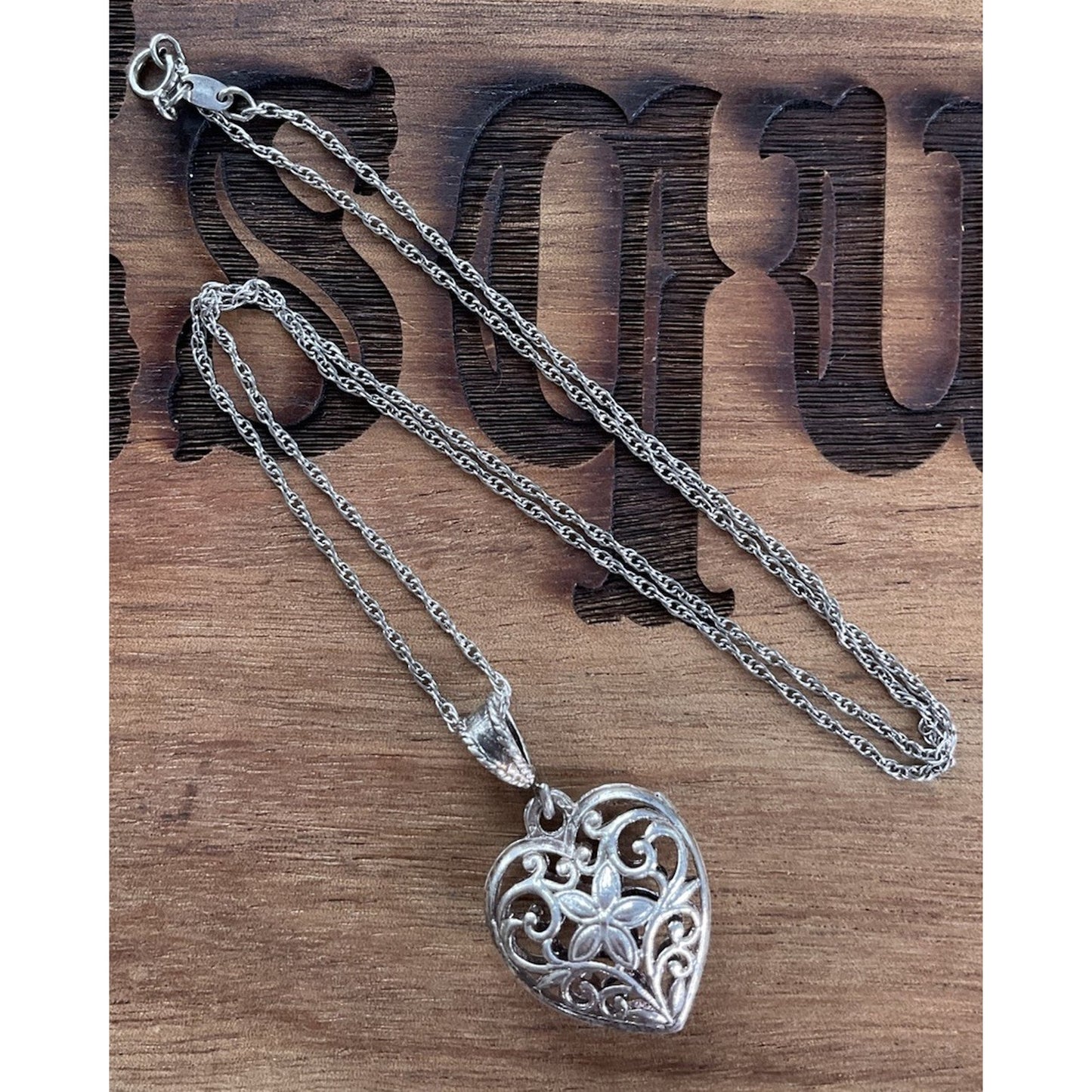 Sterling Silver Filigree Heart Pendant Necklace 925 Floral Scroll
