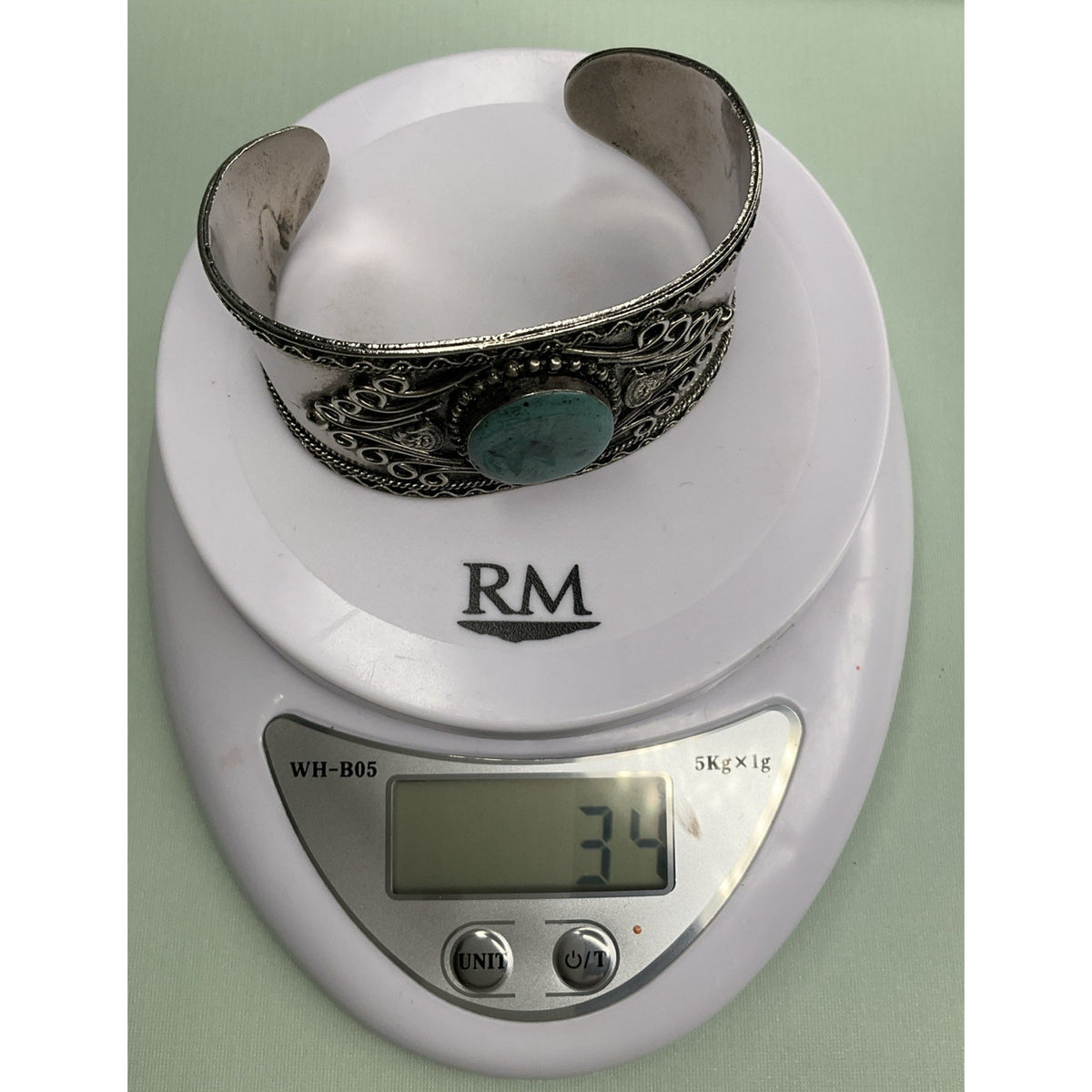 Sterling Silver Turquoise Cuff Bracelet 34g Wide Ornate Southwestern Style