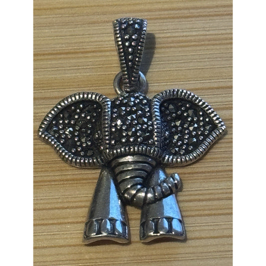 Vintage Sterling Silver Marcasite Elephant Pendant Signed Thai 925