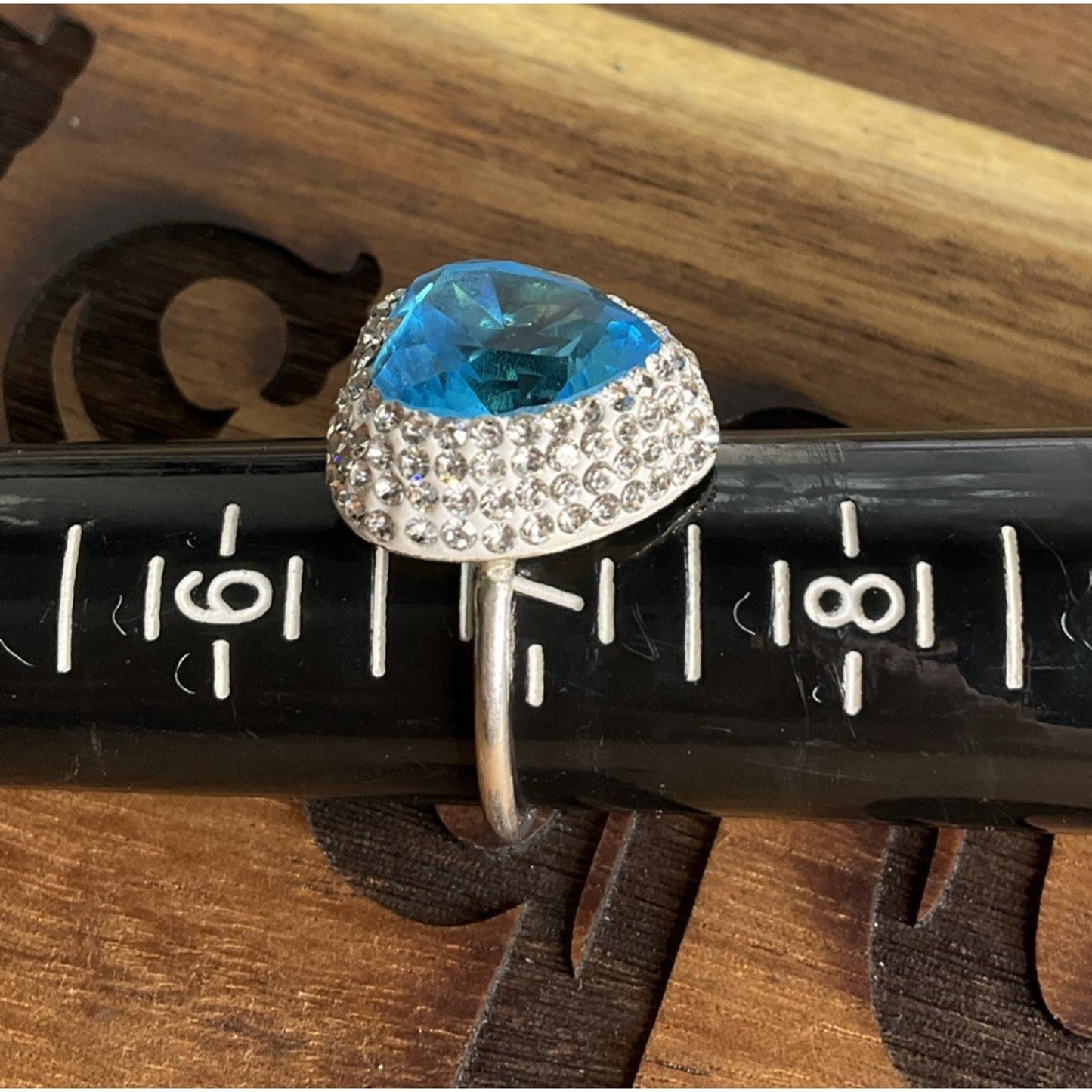 Sterling Silver Blue Heart Ring Adjustable Size 7 CZ Halo Romantic Gift Ring 925