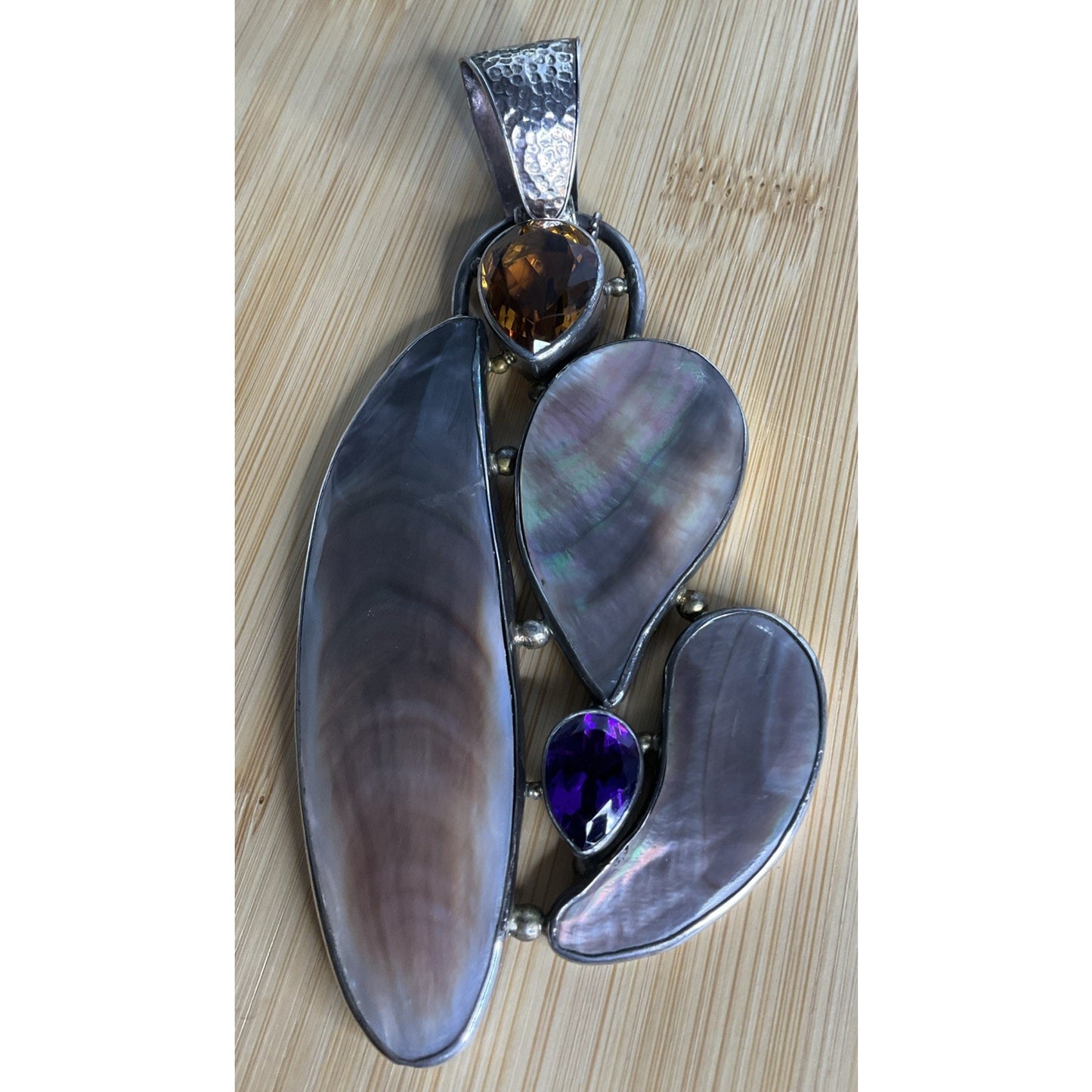 Large Artisan Mother of Pearl Amethyst Citrine Statement Pendant 55g 5” X 2.5”