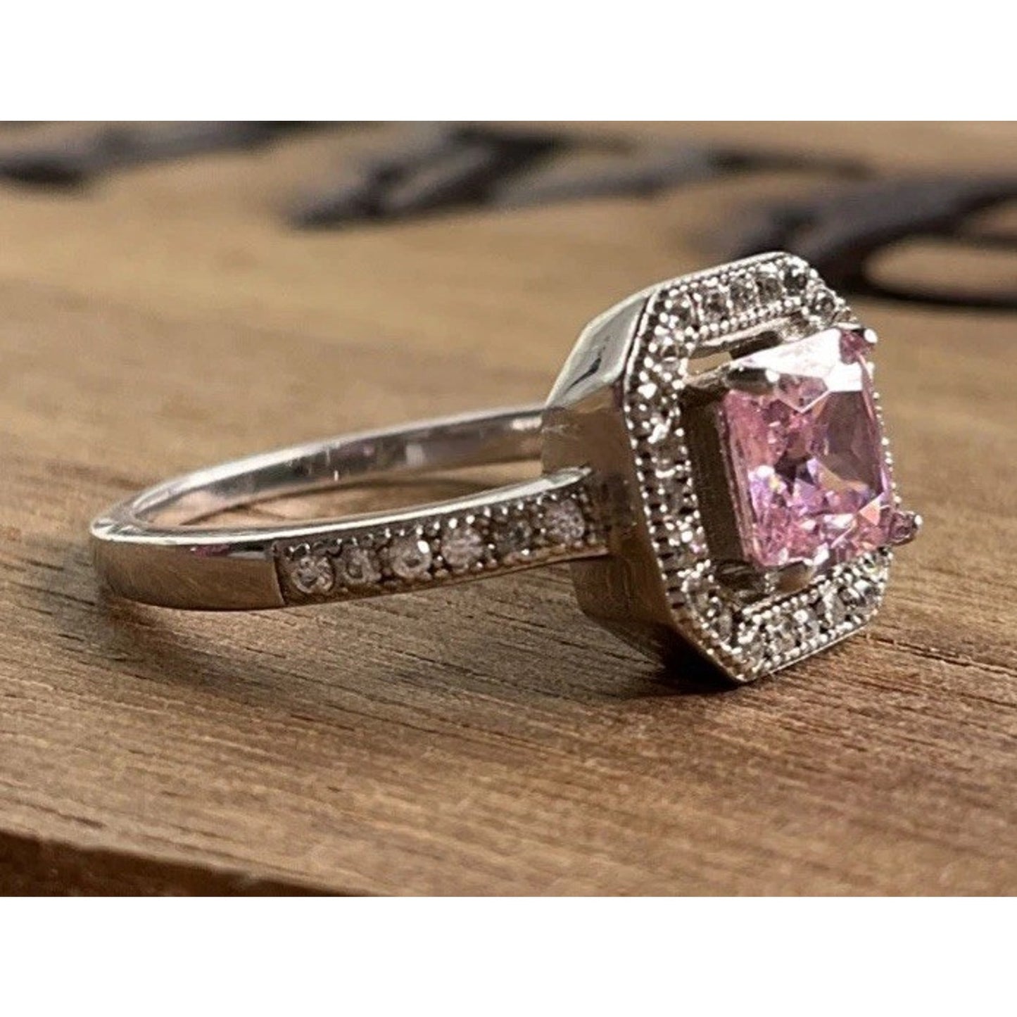 Sterling Silver Pink Stone Halo Ring Size 6 Princess Cut Engagement Style 925