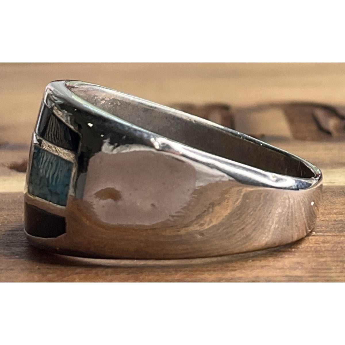 Sterling Silver Turquoise Black Onyx Inlay Ring Size 10 Southwest Band