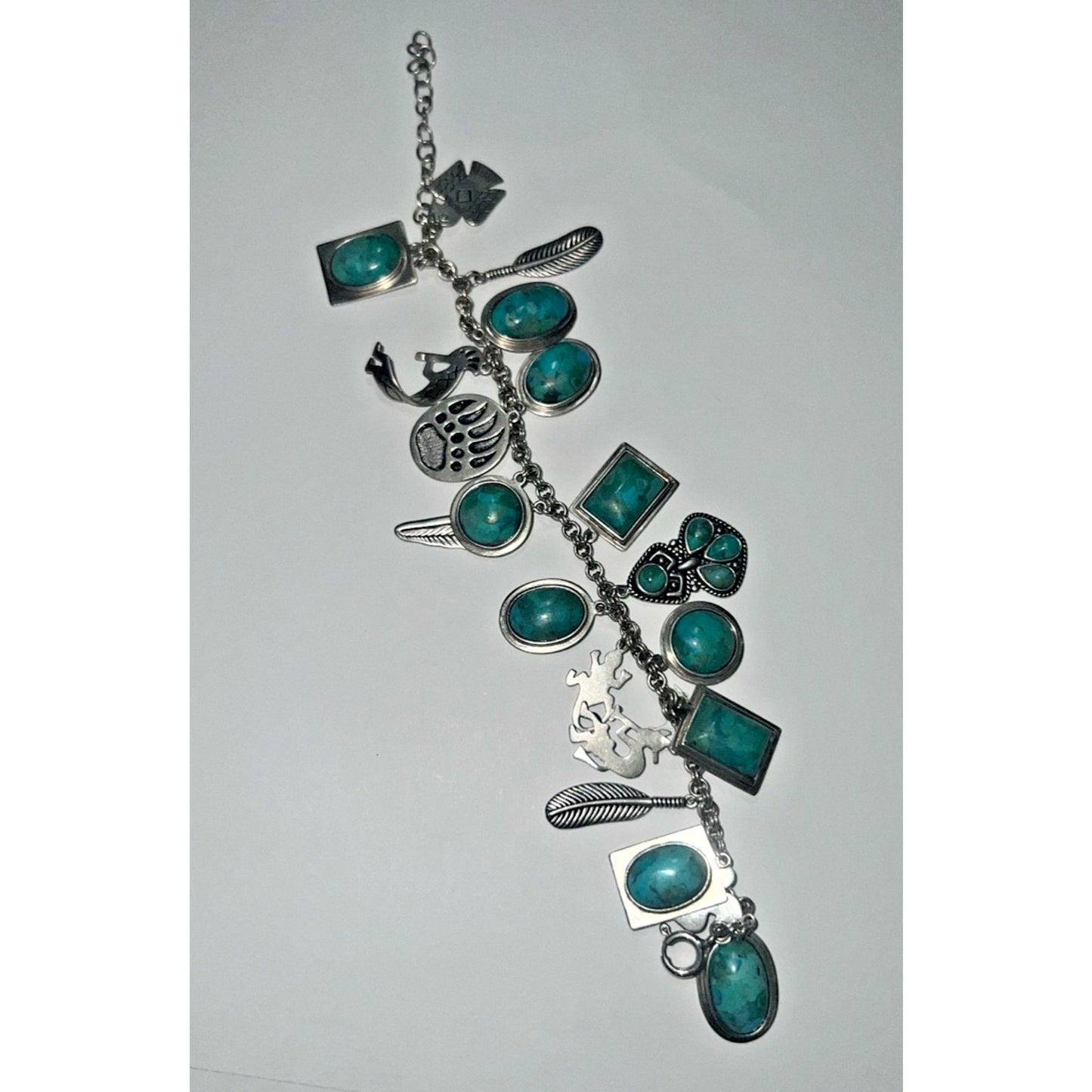 Vintage Sterling Silver Turquoise Charm Bracelet Southwestern Native Style 44g