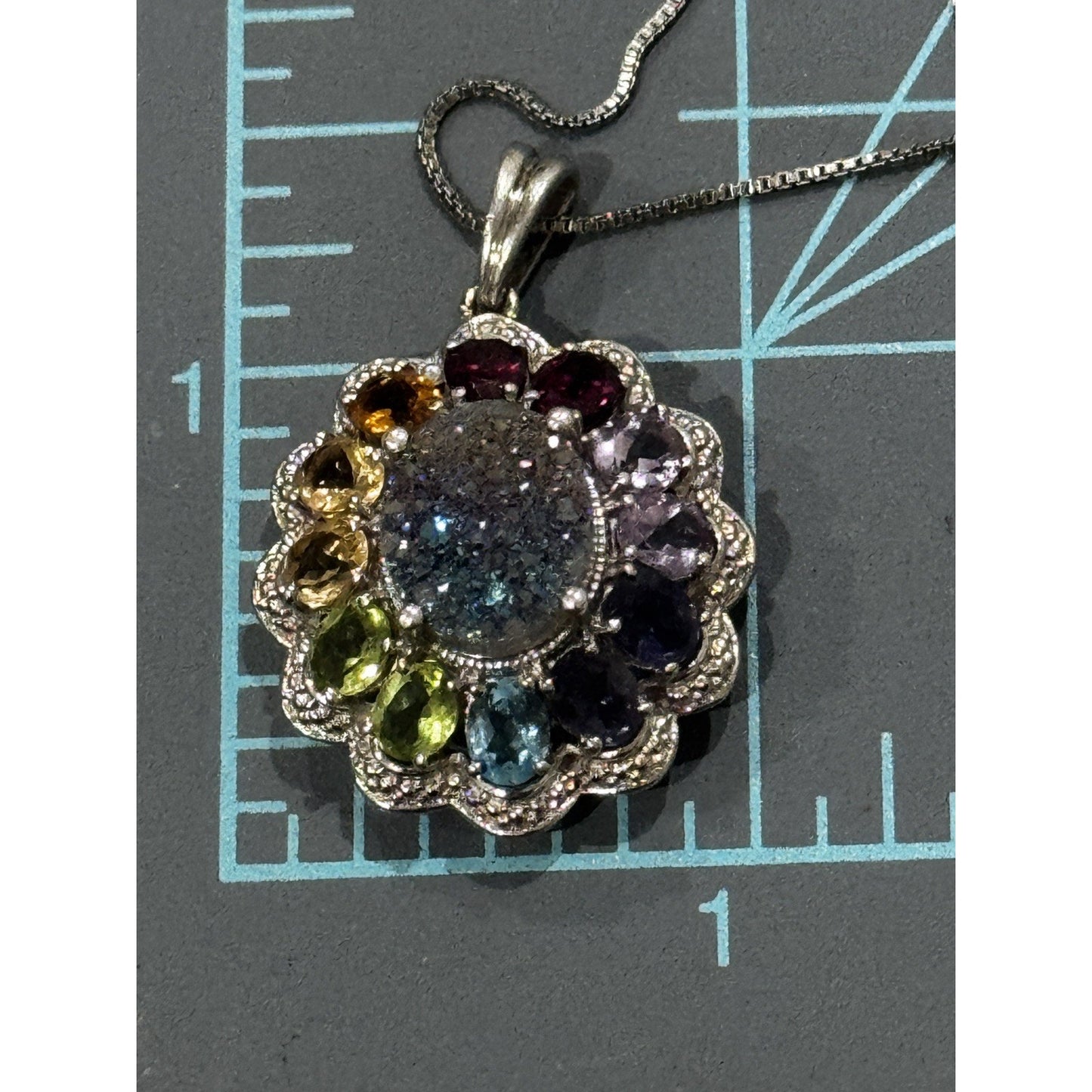 Vintage Victorian 925 Sterling Rainbow Gemstone Druzy Pendant Necklace 18”