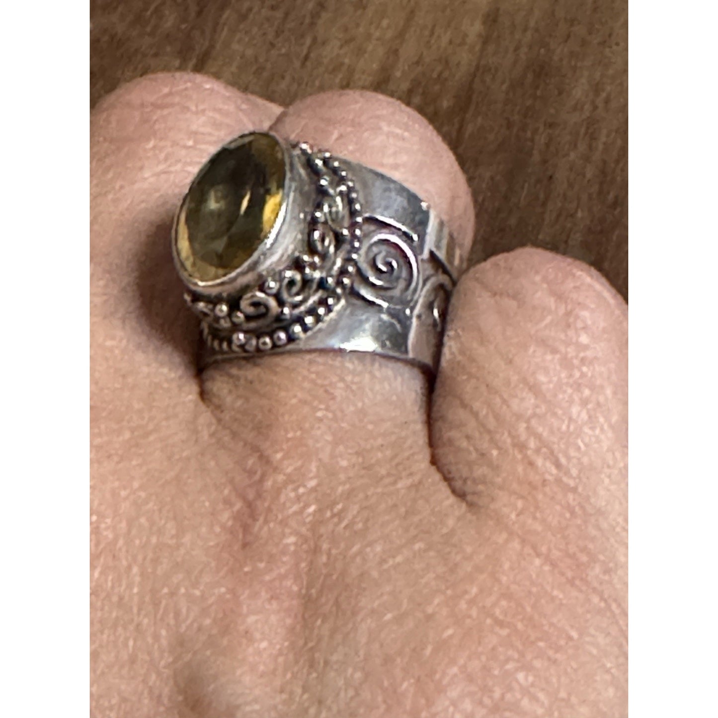Vintage Sterling Silver Faceted Citrine Ring Sz 8.25 Artisan Filigree Swirl Band
