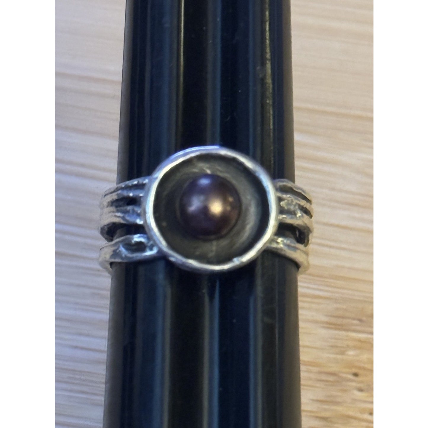 Vintage Genuine Dark Pearl Modernist Sterling Silver 925 Ring Size 8