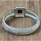 Black Stone Hinged Bangle Bracelet Silver And Gold Tone Designer Style