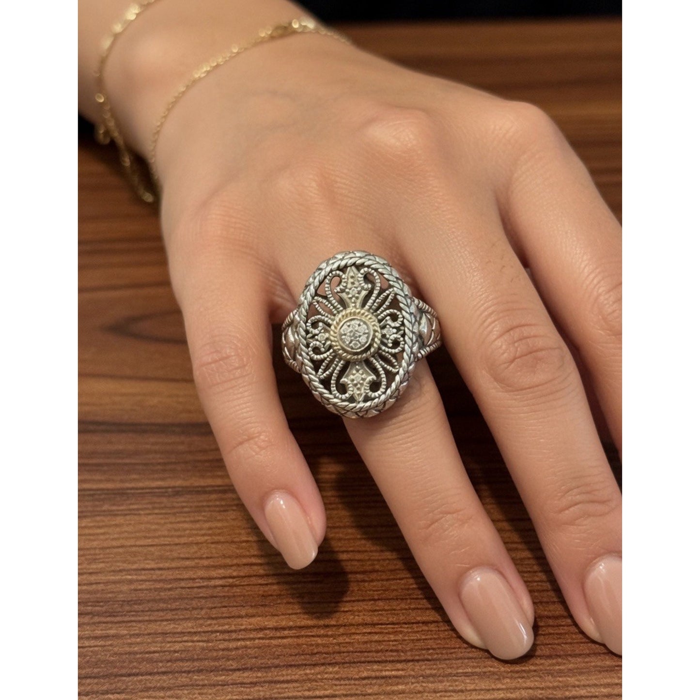 Vintage 925 Sterling Silver & 14K Gold Diamond Filigree Balinese Ring Size 7.5
