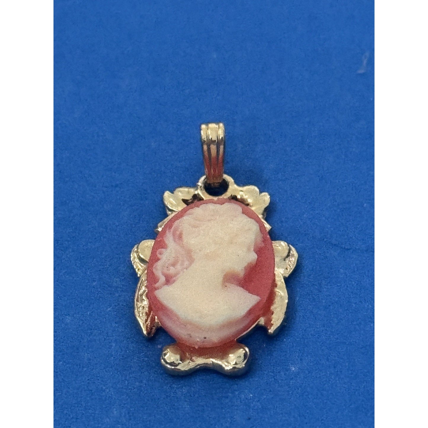 Vintage Cameo Pendant Turtle Frame Gold Tone Red White Lady 1.25"