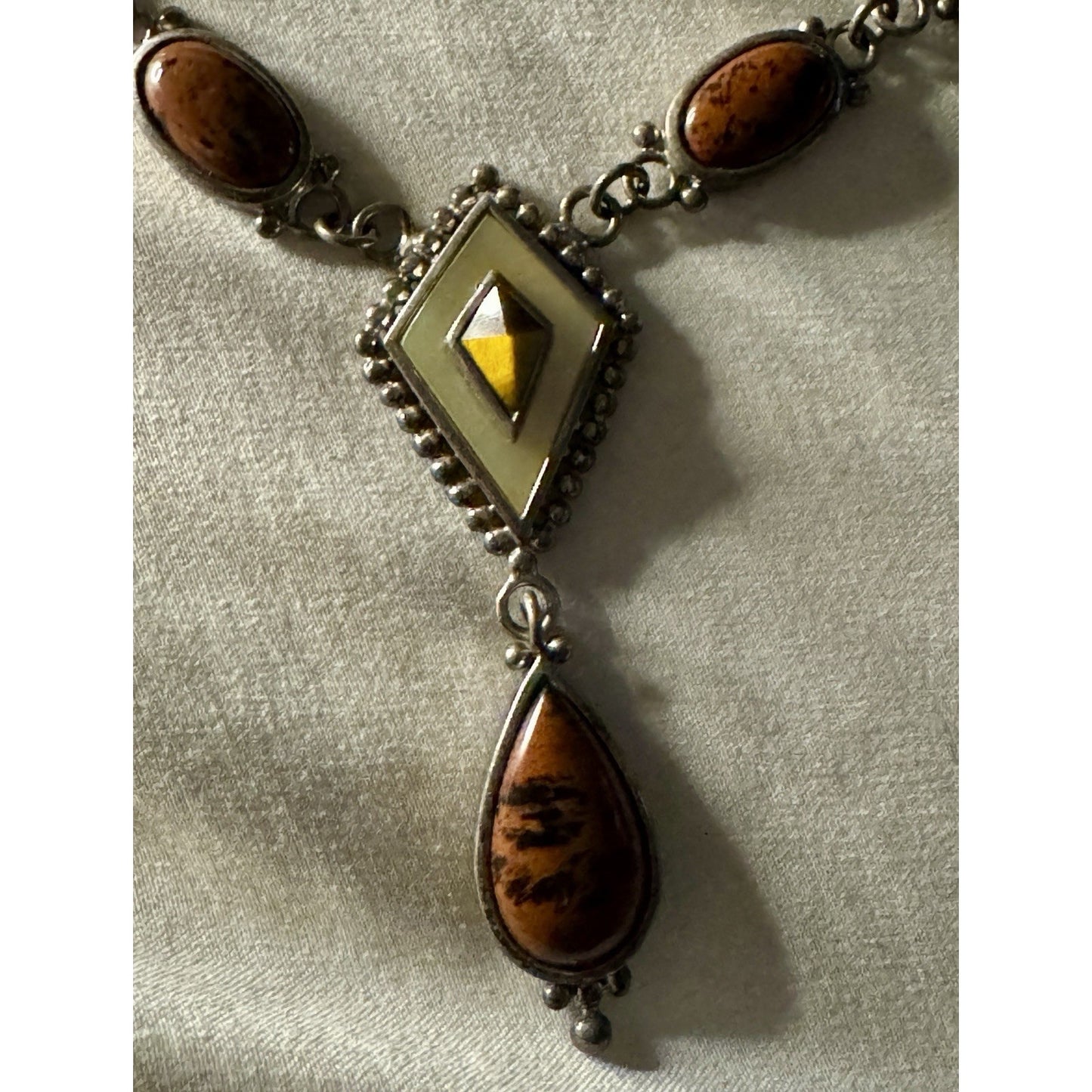 Vintage Whitney Kelly Necklace Sterling 925 Tigers Eye Jasper MOP Beaded Y Drop