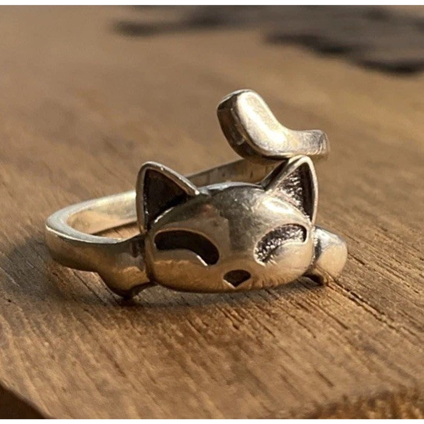 Vintage Sterling Silver Cat Ring 925 Sleeping Kitty Ring Size 4.5 Animal Jewelry