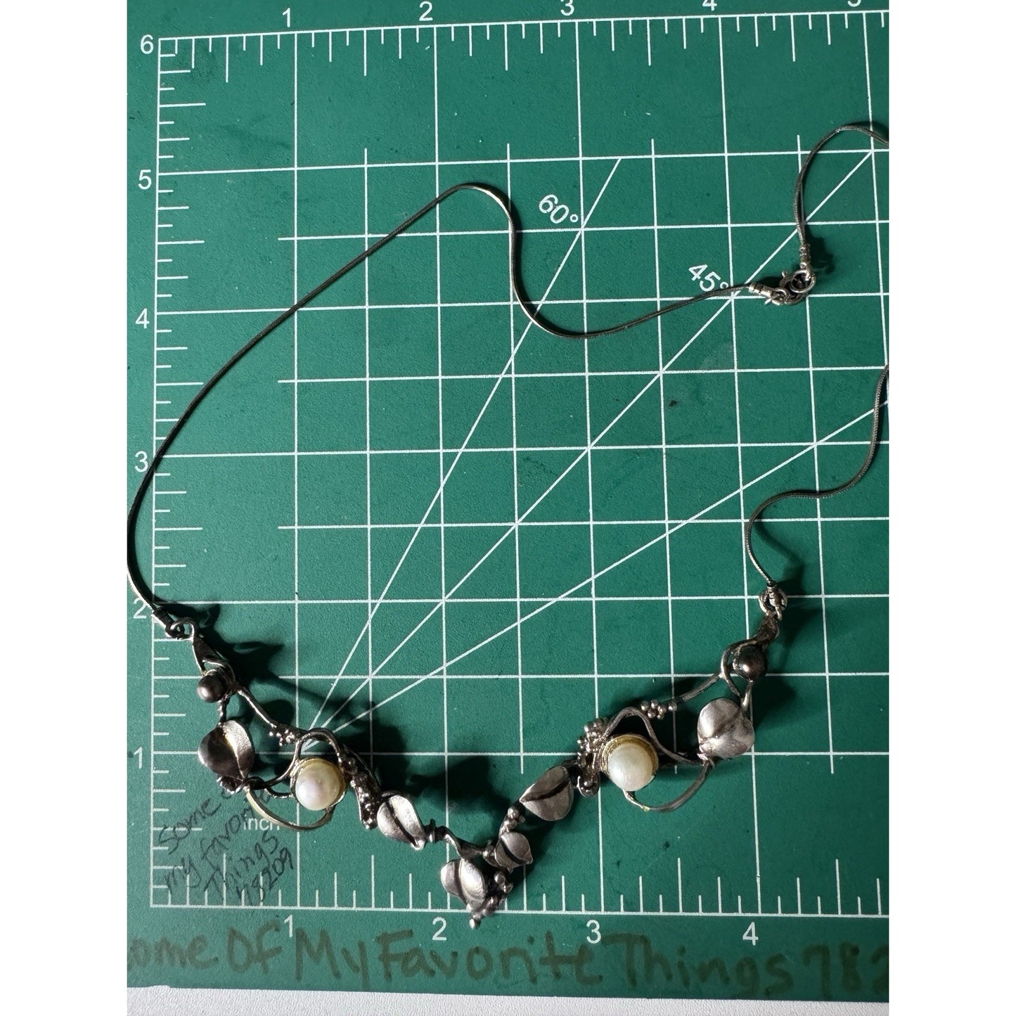 Vintage LAKI 14K & 925 Sterling Silver Pearl Necklace Botanical Leaf Vine 19”