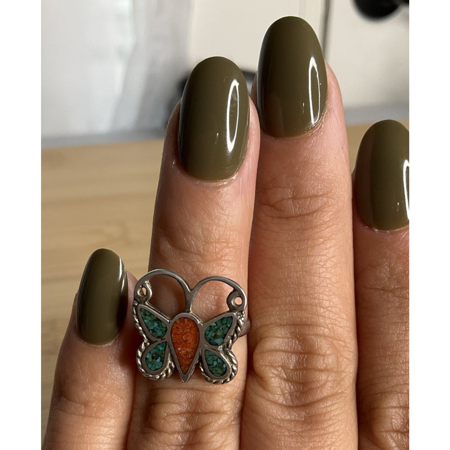 Vintage Sterling Silver Crushed Turquoise Native American Butterfly Ring Sz 5.5