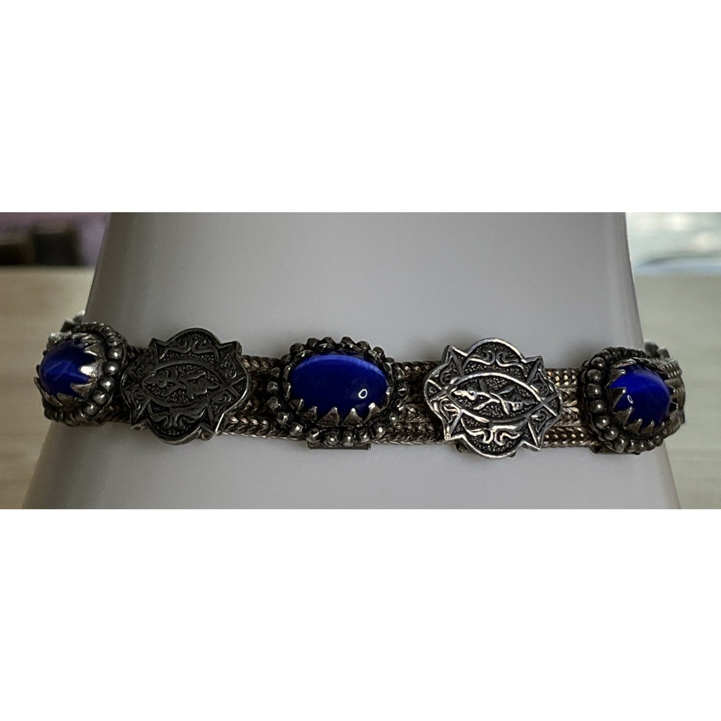 Vintage 925 Sterling Silver Blue Cat Eye Concho Multi Strand Bracelet 7.25”