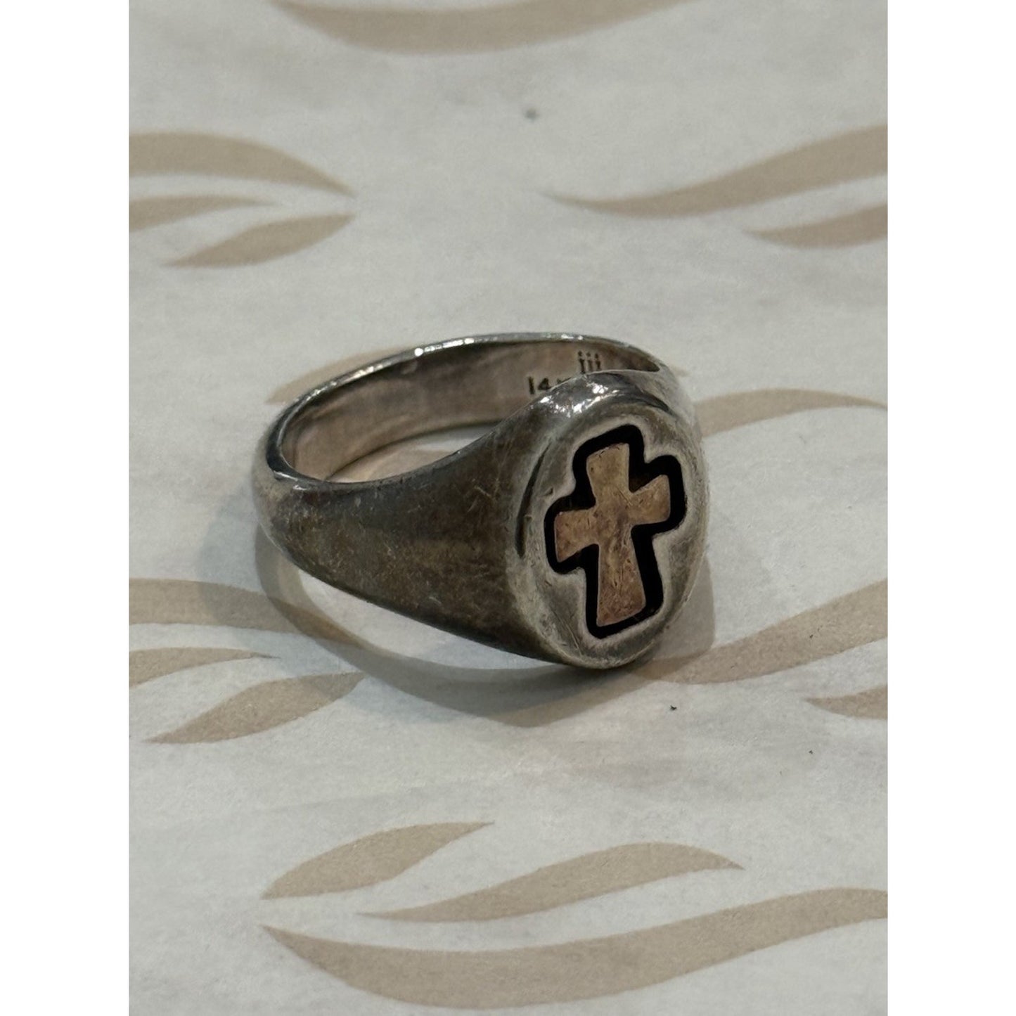 James Avery Retired Sterling Silver Band & 14kt Gold Cross Ring Size 5 Pre-Owned