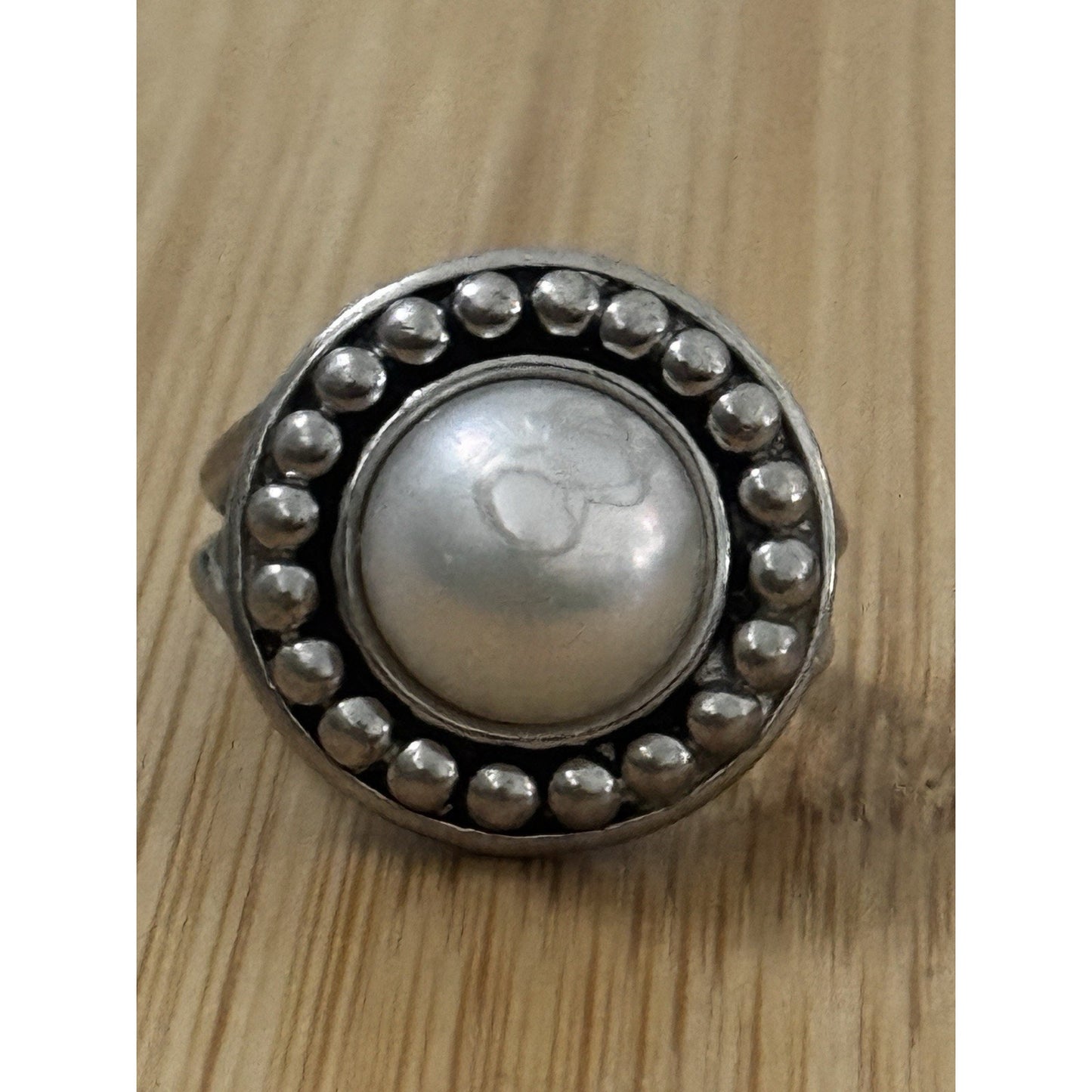 Vintage Sterling Silver Genuine Pearl Beaded Halo Statement Ring Size 7.5 10g