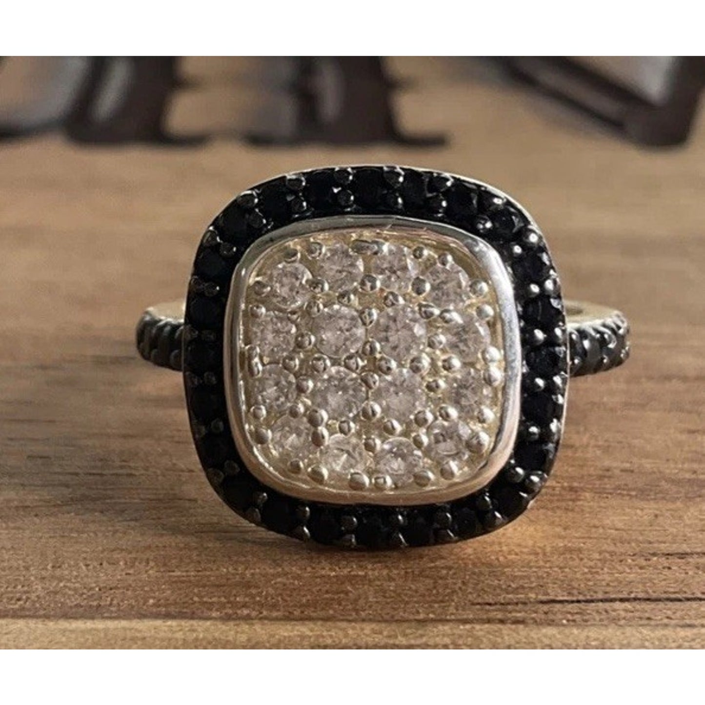 Sterling Silver Black & White CZ Halo Square Cushion Cluster Ring Size 7