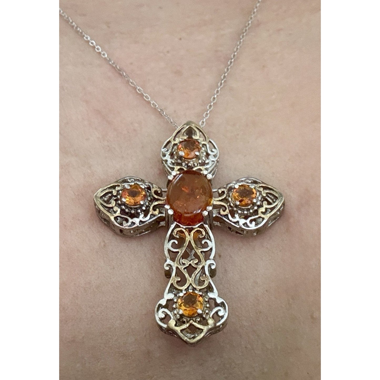 Vintage Amber & Citrine Sterling Silver Two Tone Cross And 925 Necklace 20”