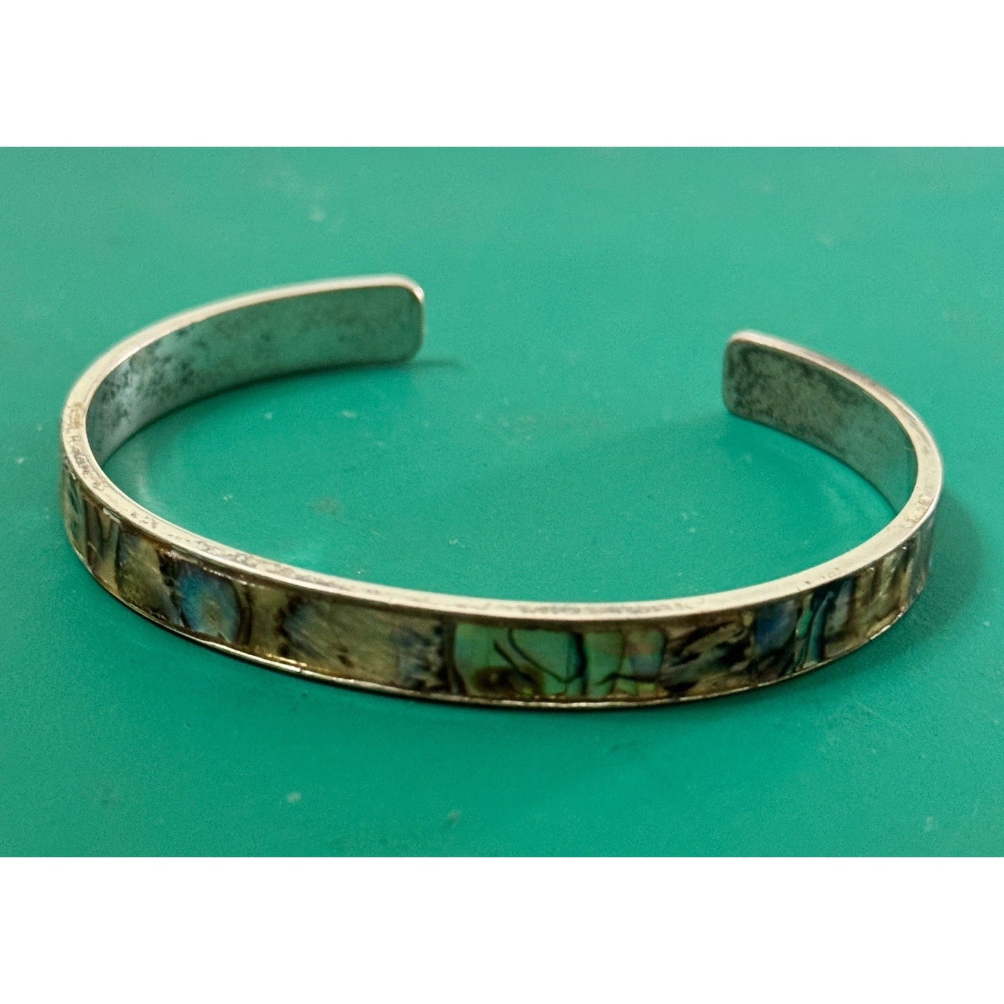 Vintage Abalone Shell Mosaic Inlay Silver Tone Cuff Bracelet 15g Adjustable