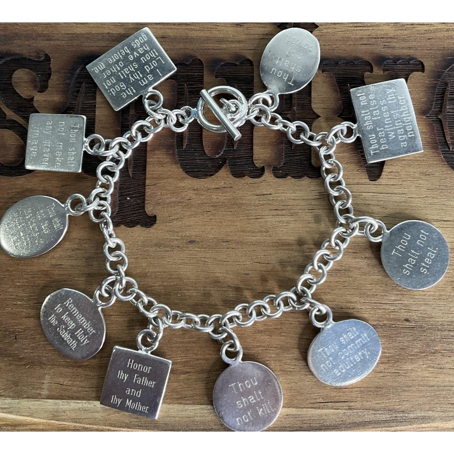 Vintage Sterling Silver Ten Commandments Charm Bracelet Religious 61g