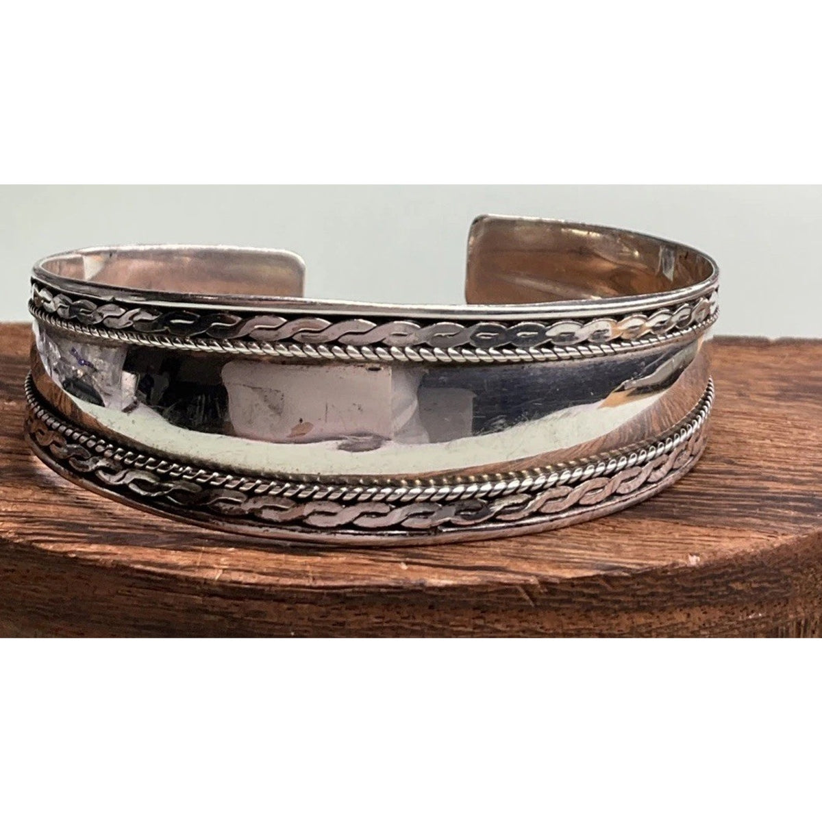 Vintage Sterling Silver Cuff Bracelet 14g Braided Rope Design Wide Open Bangle