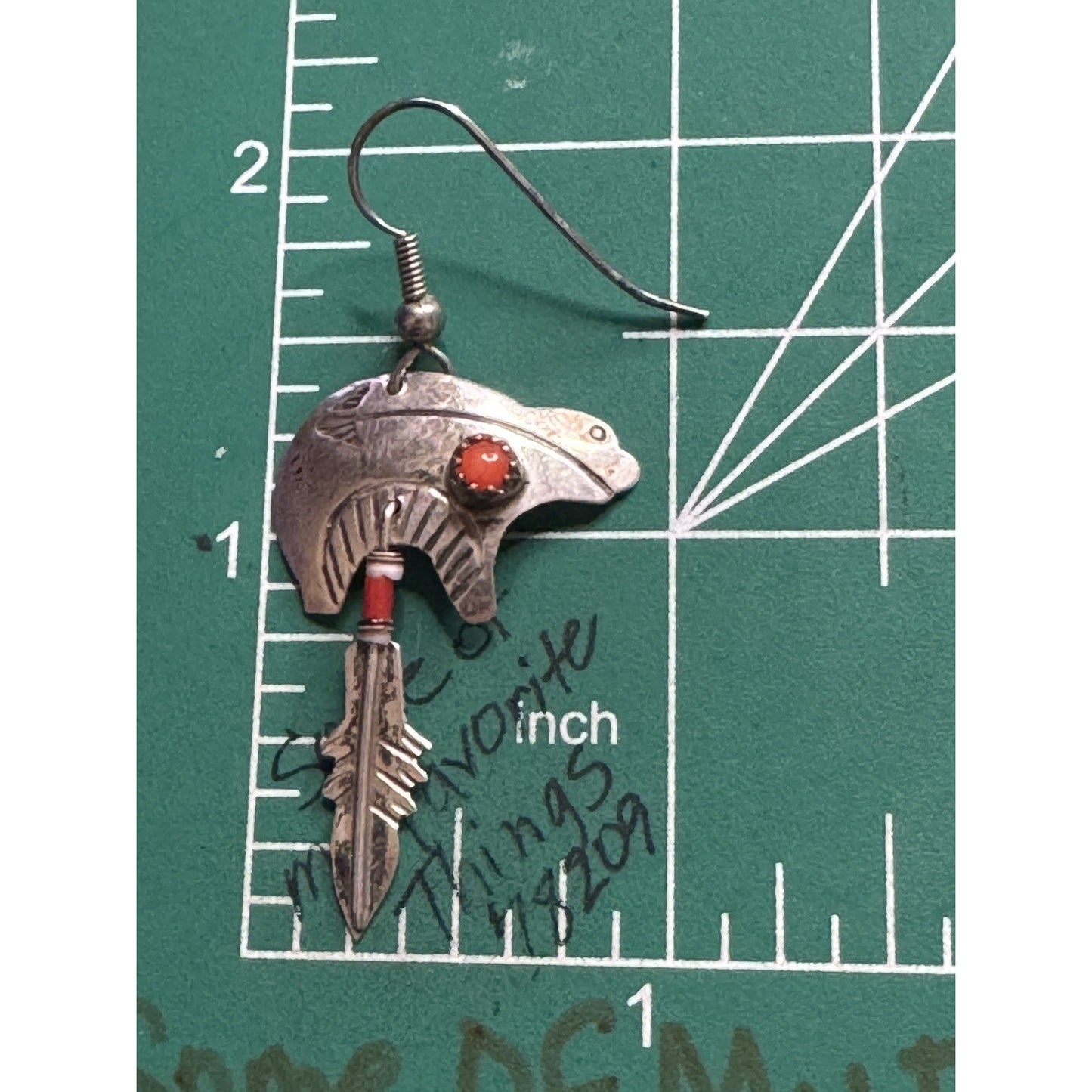 Signed Nel J. Navajo Sterling Silver Bear Earrings Coral Feather Dangle