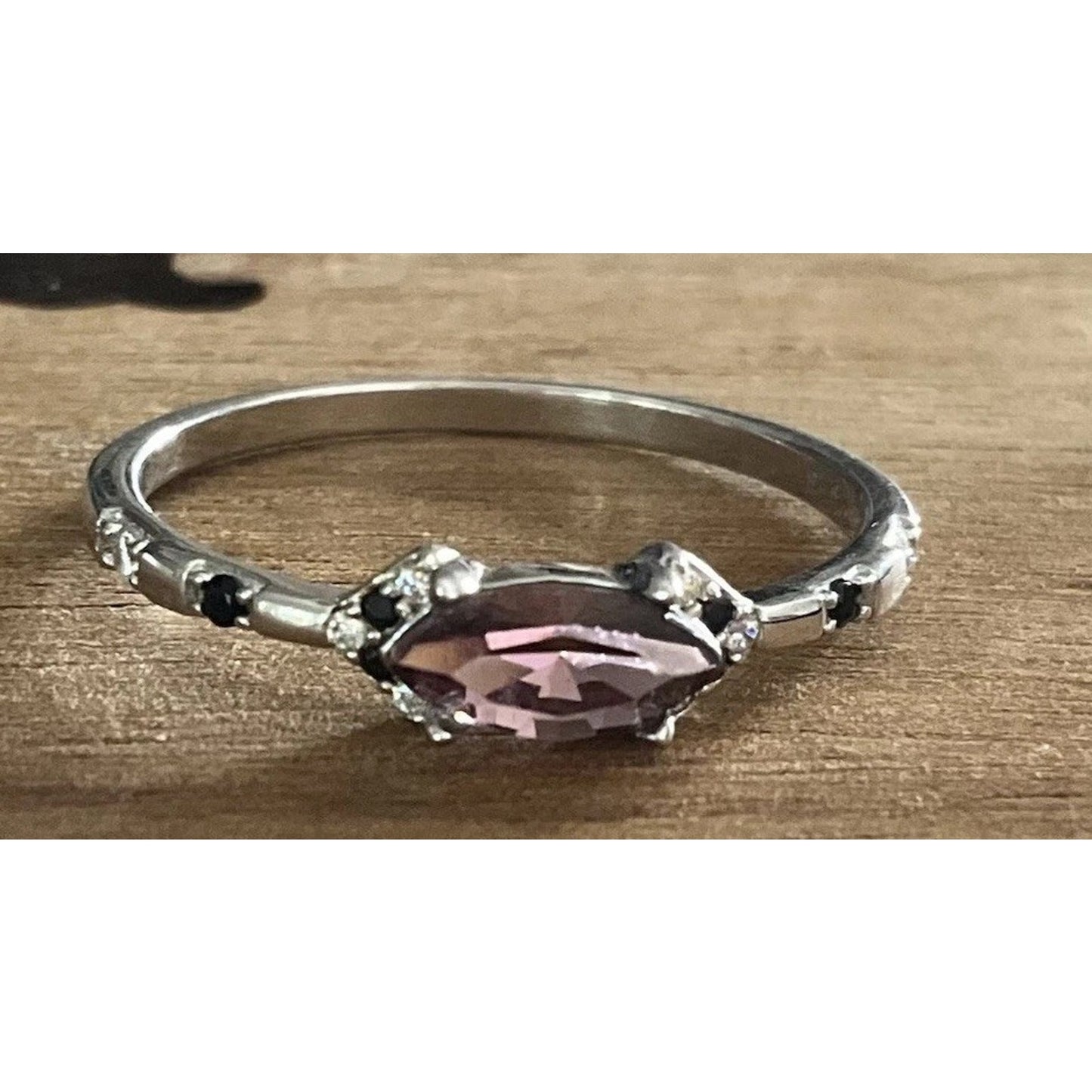 Sterling Silver Pink Marquise Gemstone Ring – Black Spinel & CZ Accents Size 10