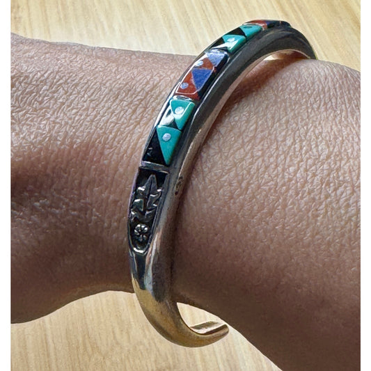 Vintage Sterling Silver Native American Zuni Inlay Cuff Bracelet Turquoise Coral Lapis Onyx