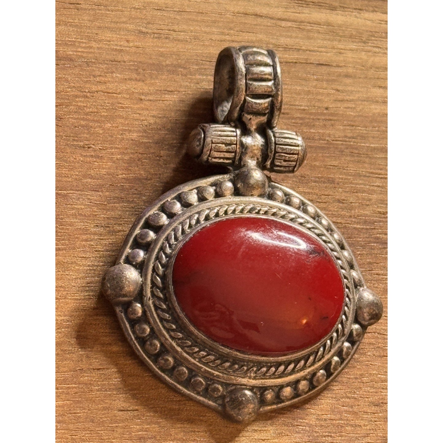 Vintage ATI Mexico 925 Sterling Silver Red Cabochon Pendant 16g Bold Artisan