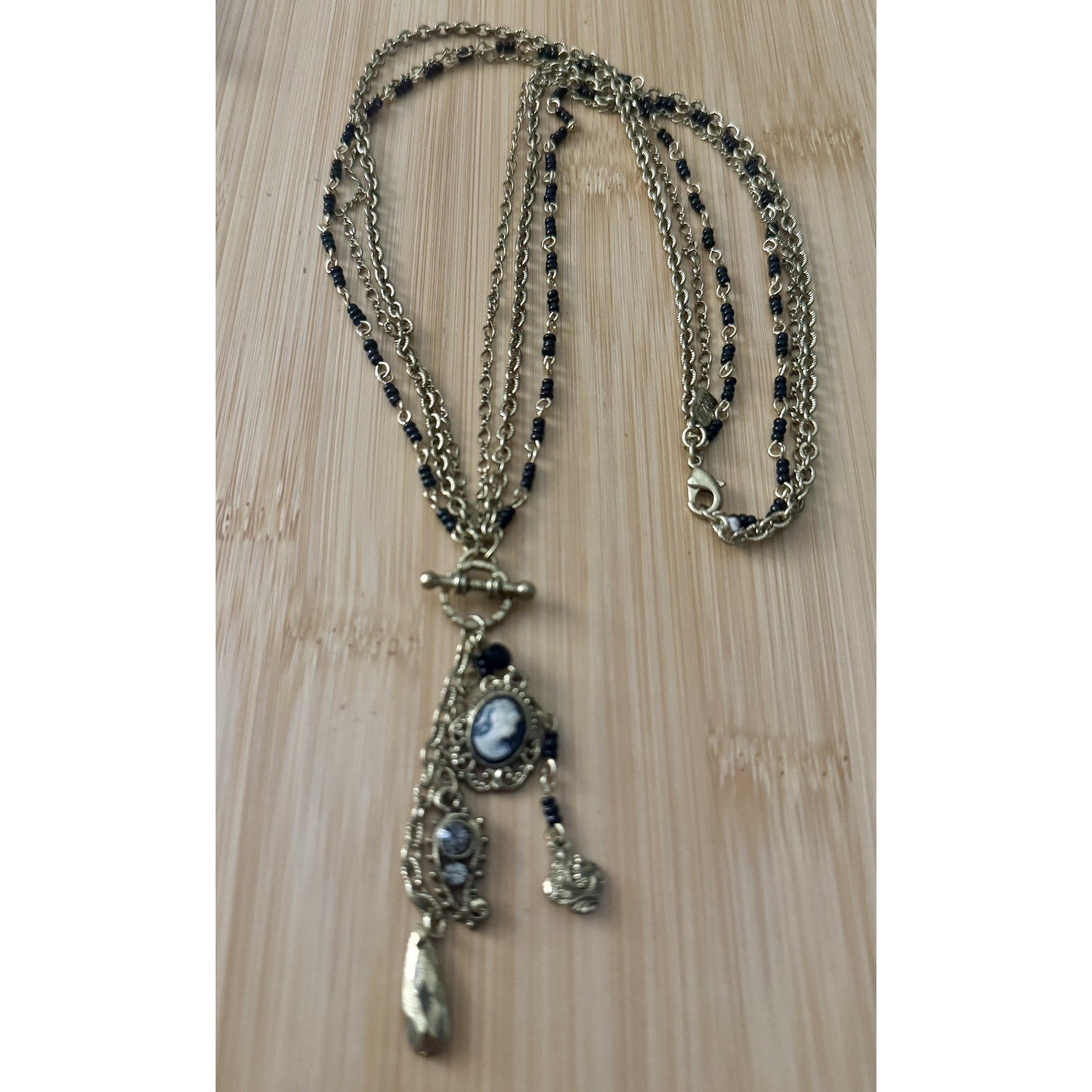 1928 Cameo Tassel Necklace Earrings Set Gold Tone Black Bead Victorian Revival