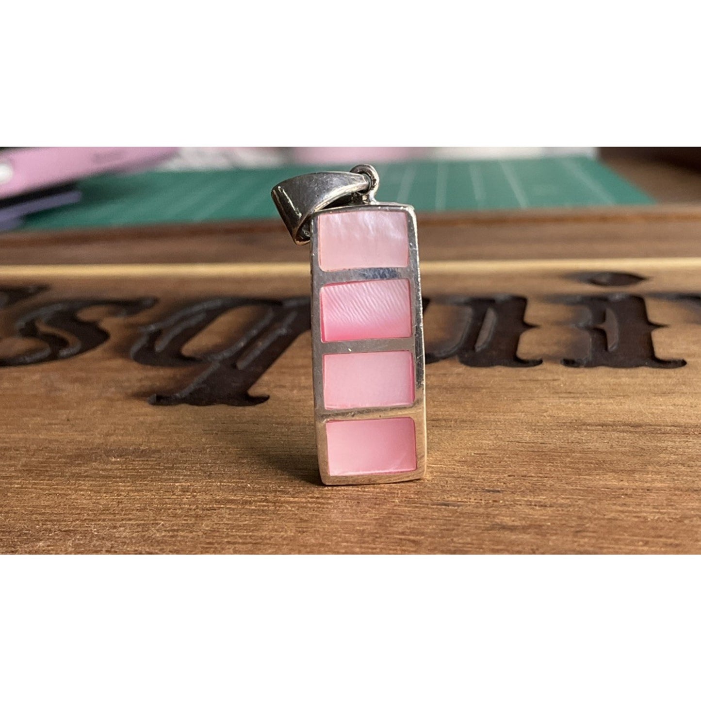 Vintage 925 Sterling Silver Pink Mother of Pearl Inlay Pendant Rectangular