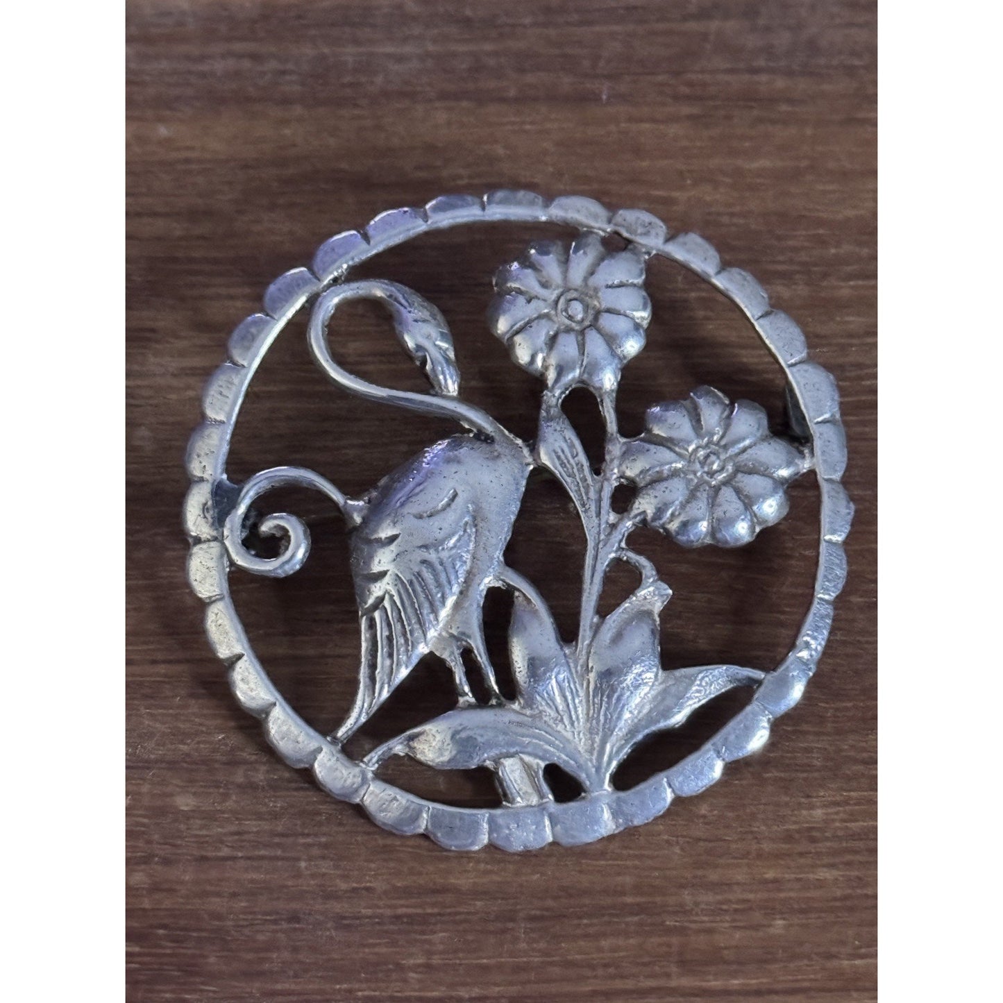 Vintage Sterling Silver Bird & Flower Cutout Brooch Pin Signed LMG 12.4g