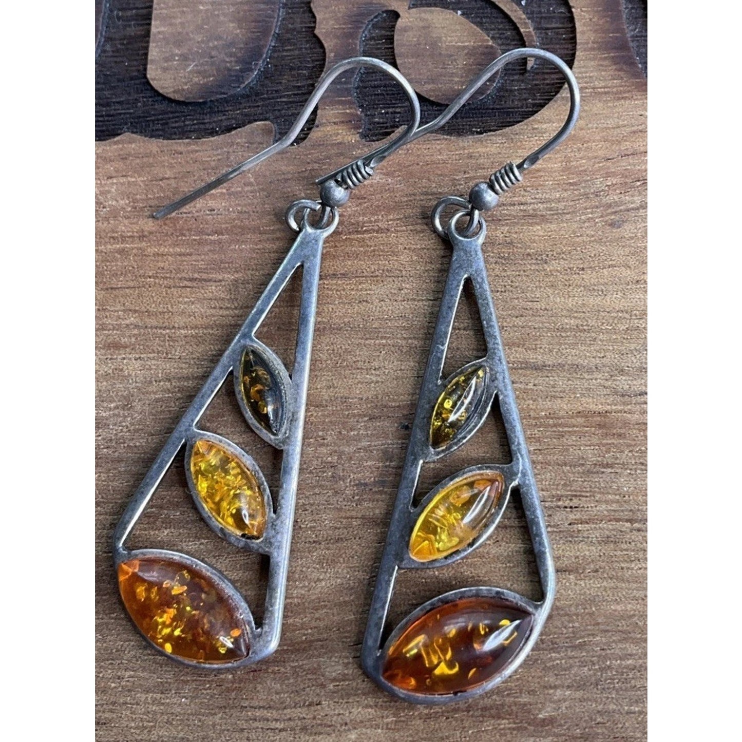 Sterling Silver Baltic Amber Dangle Drop Earrings Modern 1.5”