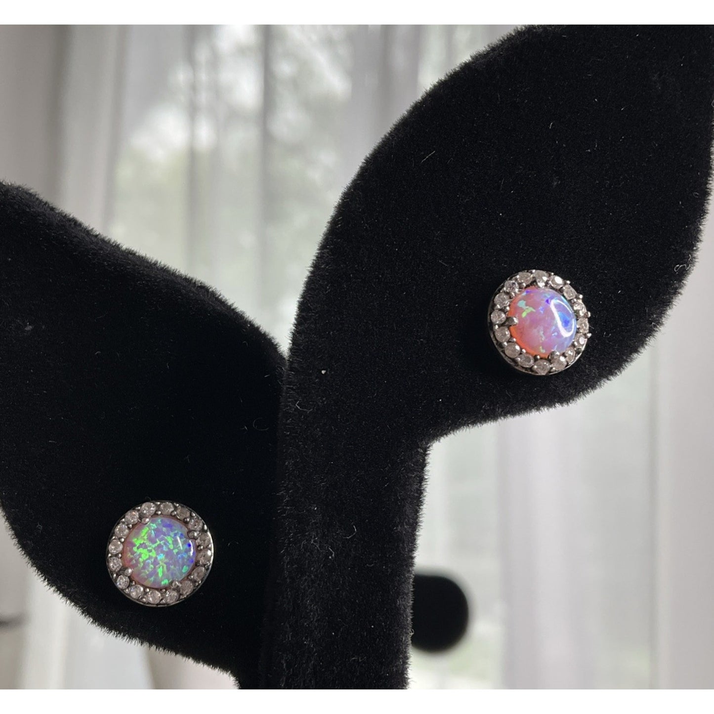 Sterling Silver Opal Halo Stud Earrings Round Fire Opal 925