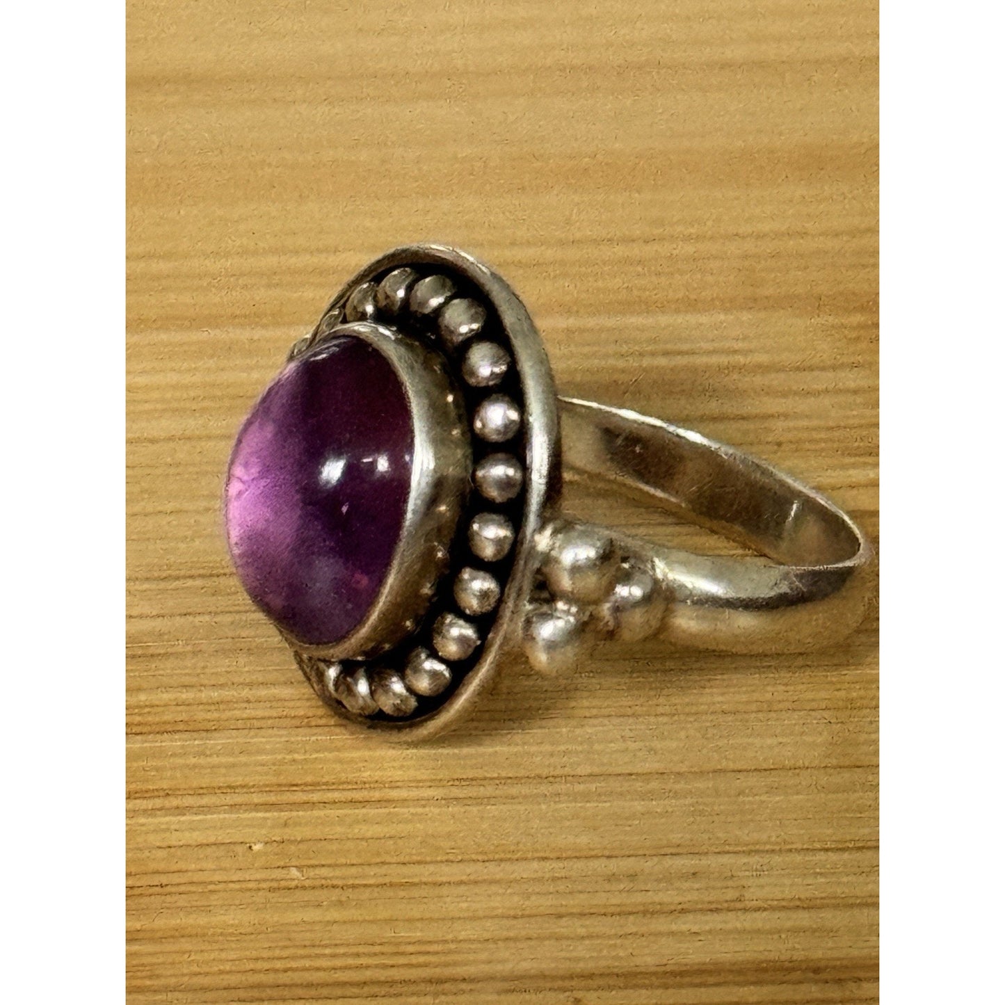 Amethyst Cabochon Sterling Silver Beaded Purple Gemstone Ring Size 7.5 India