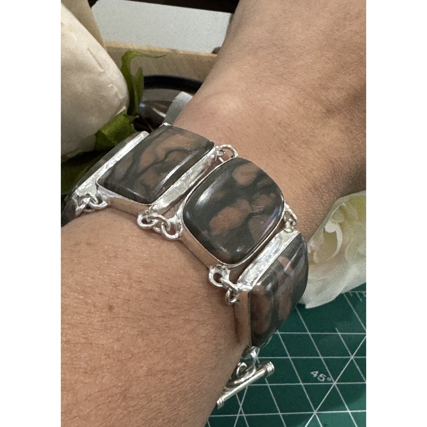 Vintage Sterling Silver Peanut Wood Jasper Bracelet 58g 7 - 8” Large Stone 925