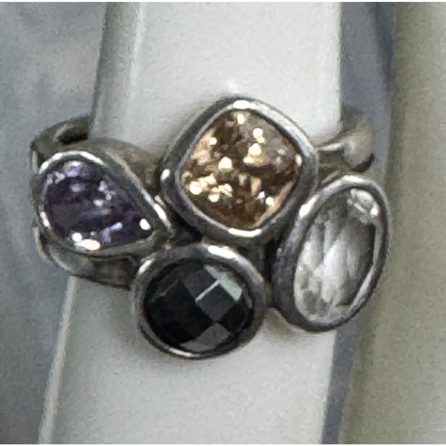 TRB Sterling Silver Cluster Champagne Topaz Iolite Black Spinel White Topaz 6.5