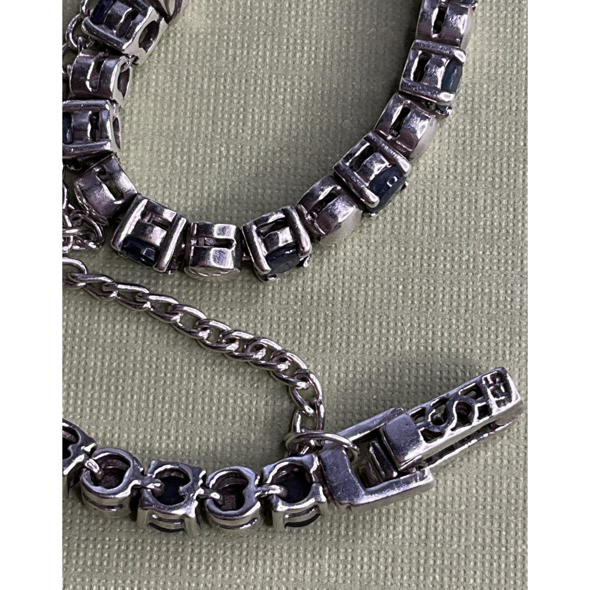 Vintage 925 Sterling Silver Blue Sapphire Tennis Bracelet 14g 7.25” Safety Chain