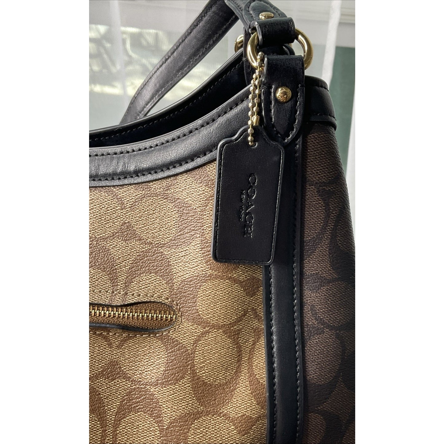 COACH KRISTY Shoulder Bag In Color Block Signature Canvas Khaki And Dark Brown